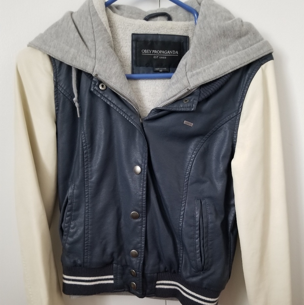 OBEY leather varsity jacket w/ hoodie